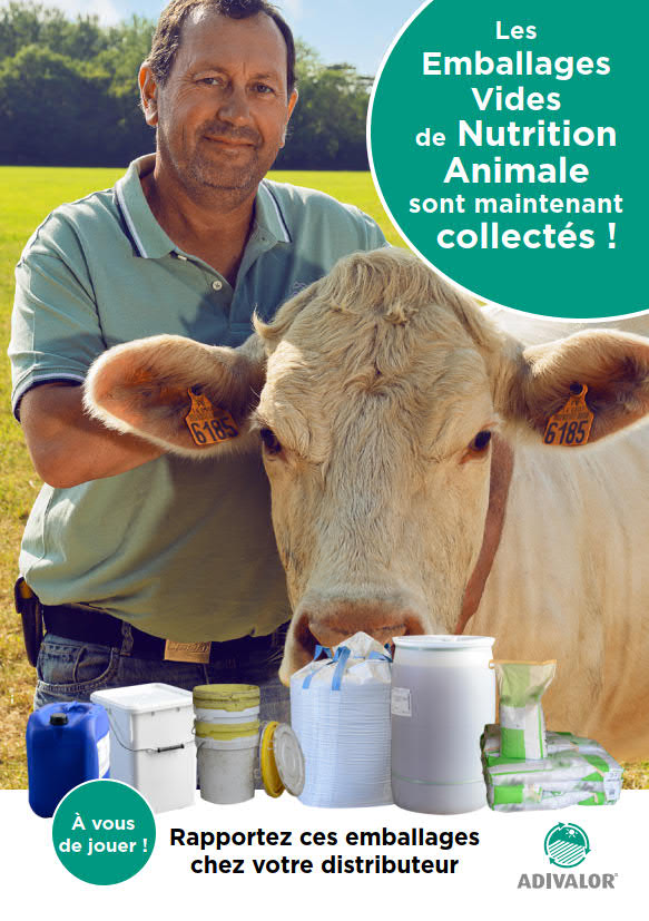 Dépliant “A vous de jouer” pour la collecte des Emballages Vides de produits de Nutrition Animale (EVNA) – Illustration Bovins