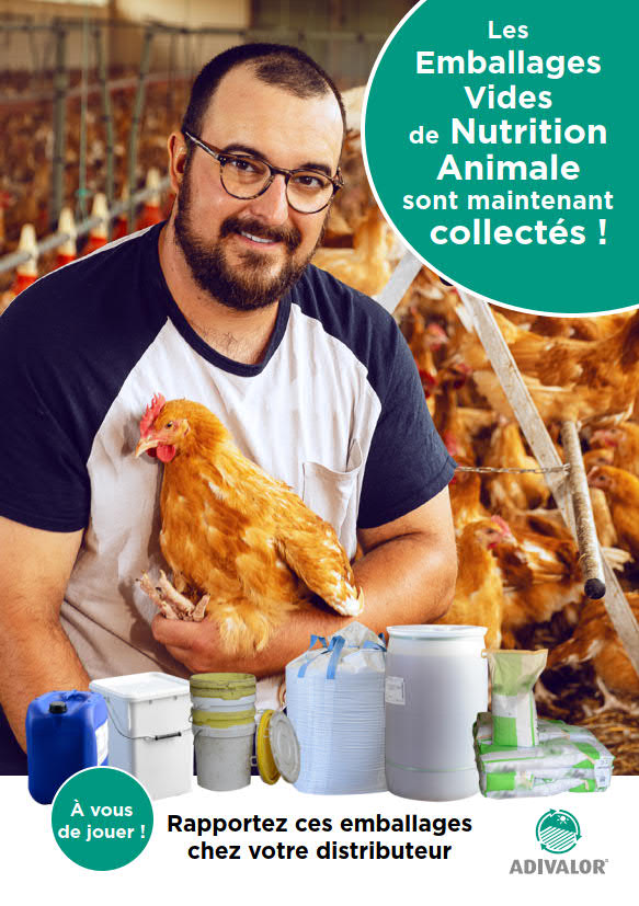 Dépliant “A vous de jouer” pour la collecte des Emballages Vides de produits de Nutrition Animale (EVNA) – Illustration Volailles