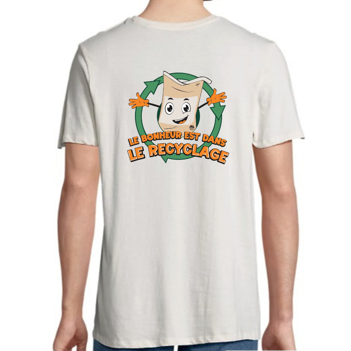 T-Shirt Moi je recycle – Le bonheur est dans le recyclage. Sacs papier. Ecru. Carton de 30 exemplaires